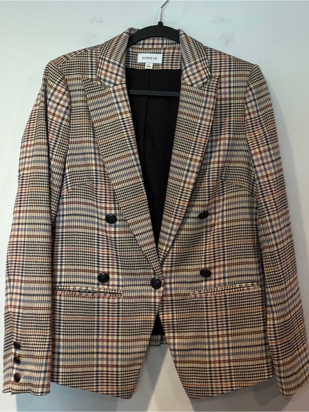 Evereve Women's 's Double Breasted Multi-Color Plaid Blazer - Tan/Black/Red